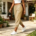 thumbnail image 2 of LEKODE Women's Cotton Linen Capri Joggers Elastic Waist Tapered Cropped Pants Casual Lounge Trousers Khaki S, 2 of 9