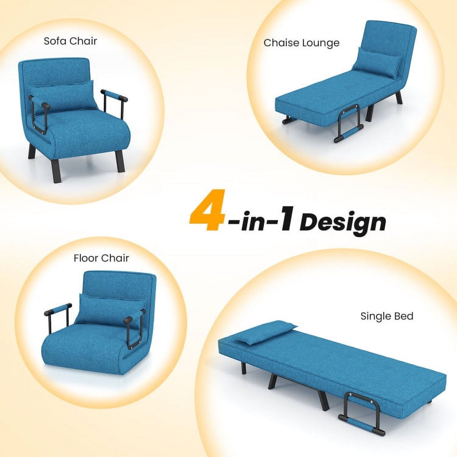 Finihen Convertible Sofa Bed, Folding 6 Position Convertible Sleeper Bed Armchair Lounge Couch with Pillow, Metal Legs, Linen Armchairs for Nursery Living Room, Office, Blue Finihen Convertible Sofa Bed, Folding 6 Position Convertible Sleeper Bed Armchair Lounge Couch with Pillow, Metal Legs, Linen Armchairs for Nursery Living Room, Office, Blue