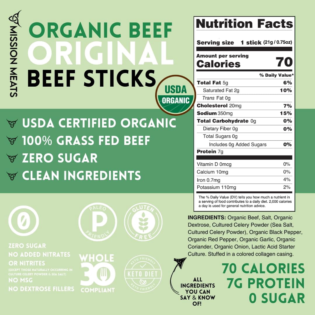 Mission Meats USDA Organic Grass-Fed Beef Sticks, Zero Sugar, 7g Protein, 0.75 oz (12ct)