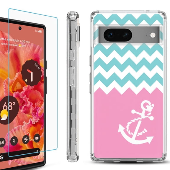 Shockproof Bumper Phone Case for Google Pixel 7, with Tempered Glass Screen Protector, by OneToughShield ® - Chevron/Anchor