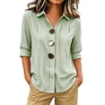 thumbnail image 2 of Womens Plus Size Tops Cotton Linen 3/4 Sleeve Shirts for Women Button Down Plaid Printed Lapel Loose Summer Fall Top S-4XL, 2 of 5