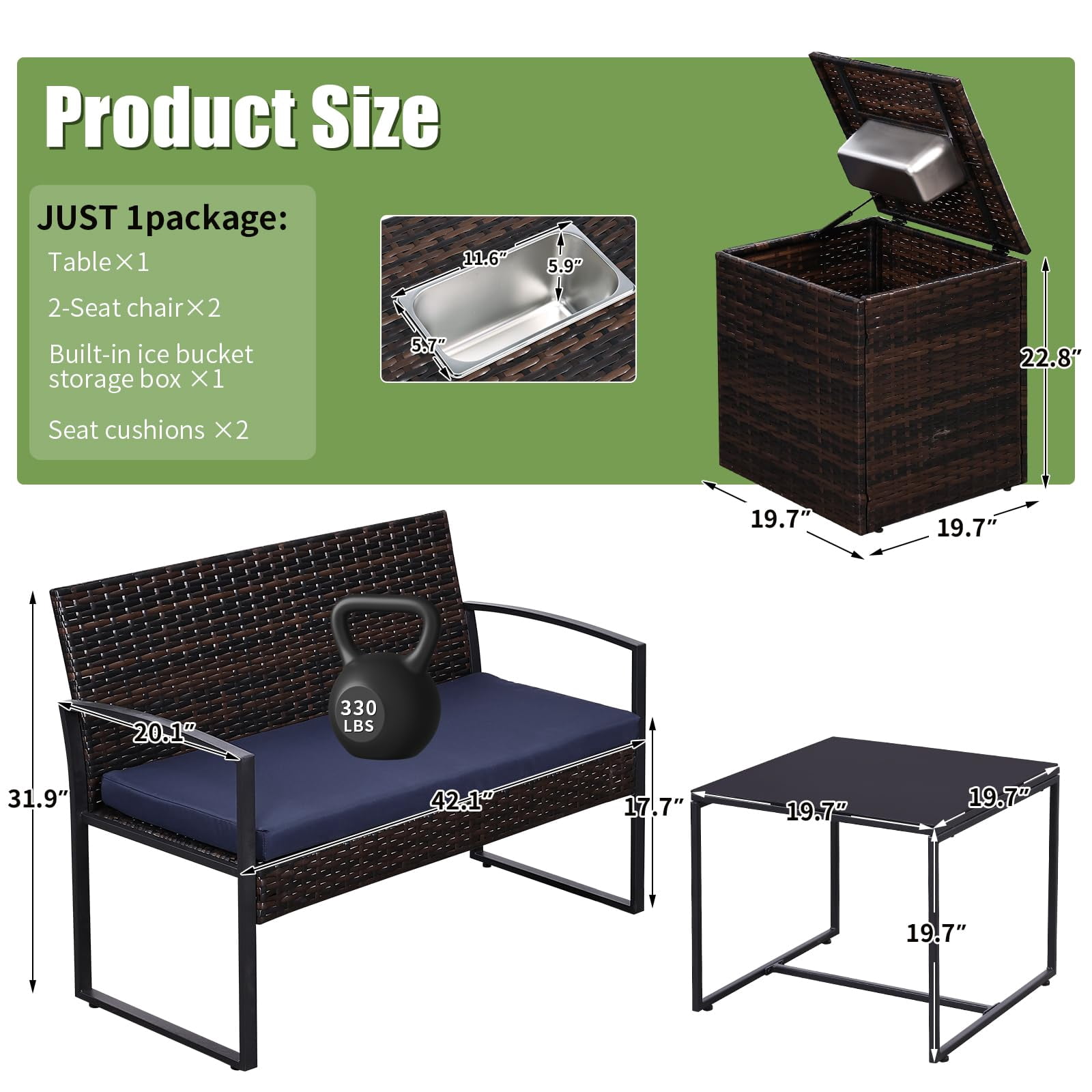 4 Piece Outdoor Patio Furniture Set,Wicker Conversation Sets Patio Sofa Couch with Built-in Beverage Cooler Storage Box & Coffee Table for Outside, Garden, Balcony, Porch,Brown/Blue