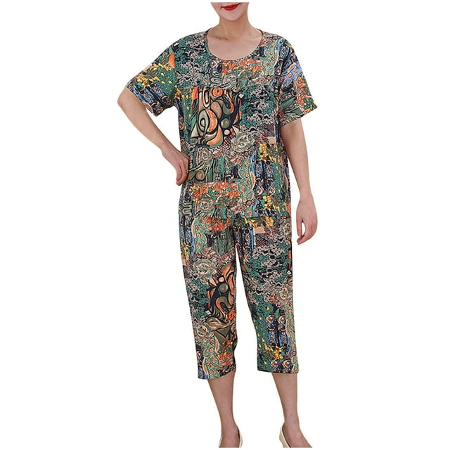 Pisexur Ensembles de Pyjama pour Femmes 2 Pcs Boho à Imprimé Floral Chemises de Nuit en Coton pour Femmes Décontractées Col Rond T-Shirts à Manches Courtes Hauts et Pantalons de Détente Longueur Genou Pyjamas Grande Taille pour Femmes Ensemble TG-4TG