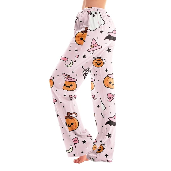 IYYVV Halloween Pajama Pants Women Cute Funny Pumpkin Print Pajamas Casual Elastic Waist Palazzo Pants Fall Pajamas Pink L