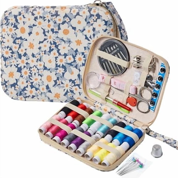 Daisy Sewing Kit Printing Sewing Kit,Professional Sewing Supplies for Adults, Zipper Sewing Needles Set, 87 PCS Travel Sewing Accessory for Emergency, Home