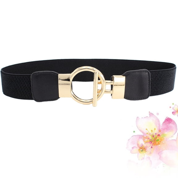 WEUVEB 1Pc Black Stretch Waistband Cinch Belt with Round Alloy Buckle