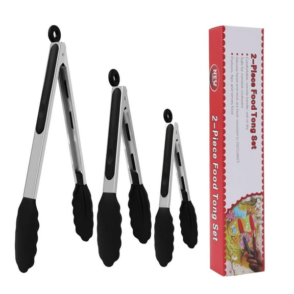 Uxcell Kitchen Tong Set Silicone Tips Stainless Steel Cooking Tongs 3Pcs Black