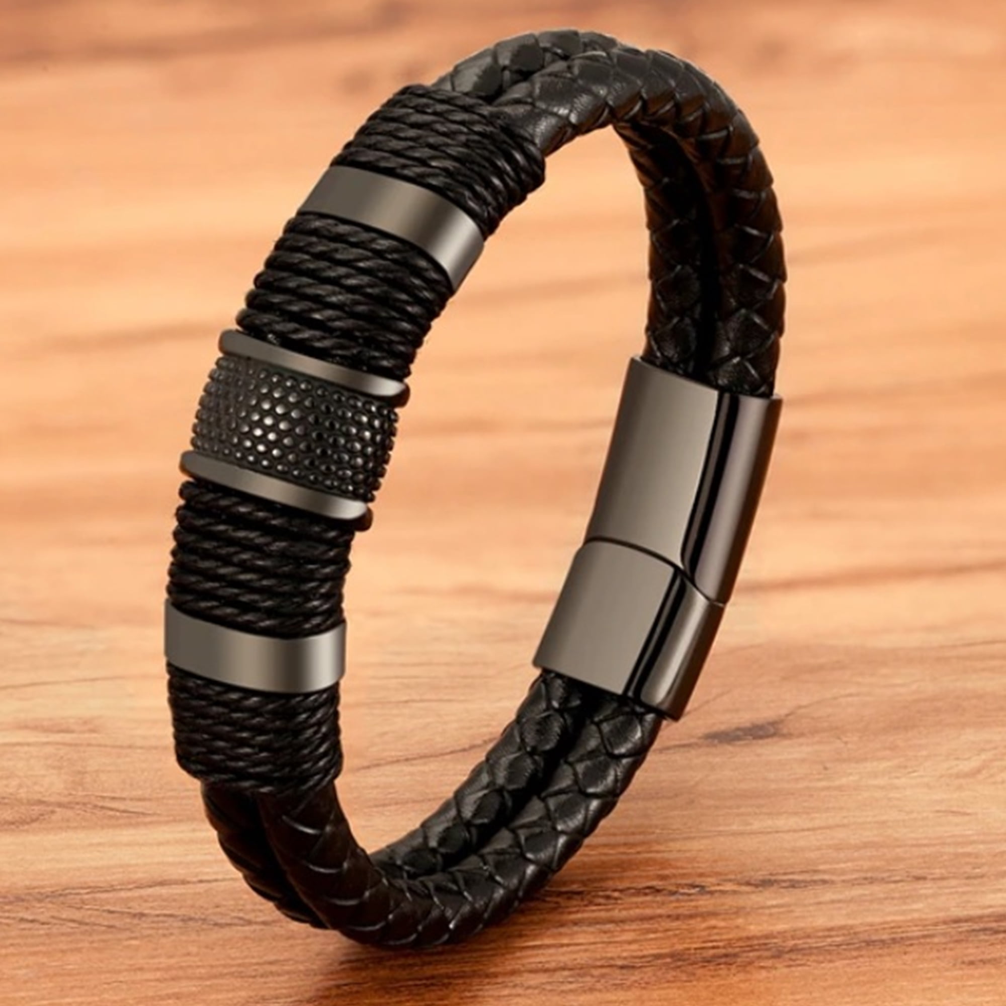 Double Layer Woven Leather Rope Bracelet for Men in 3 Lengths, Black, 9.0 in