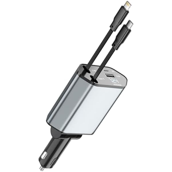 YJJSKEJI Retractable Car Charger, 120W 2.7Ft Retractable Cables and 4 Electronic Ports, Car Accessories Compatible for iOS & Android Cell Phones All Device Charging