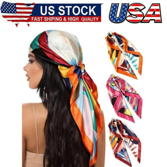 35” Large Square Satin Head Scarf - 3Pcs Satin Hair Scarves Silk Bandana Scarf
