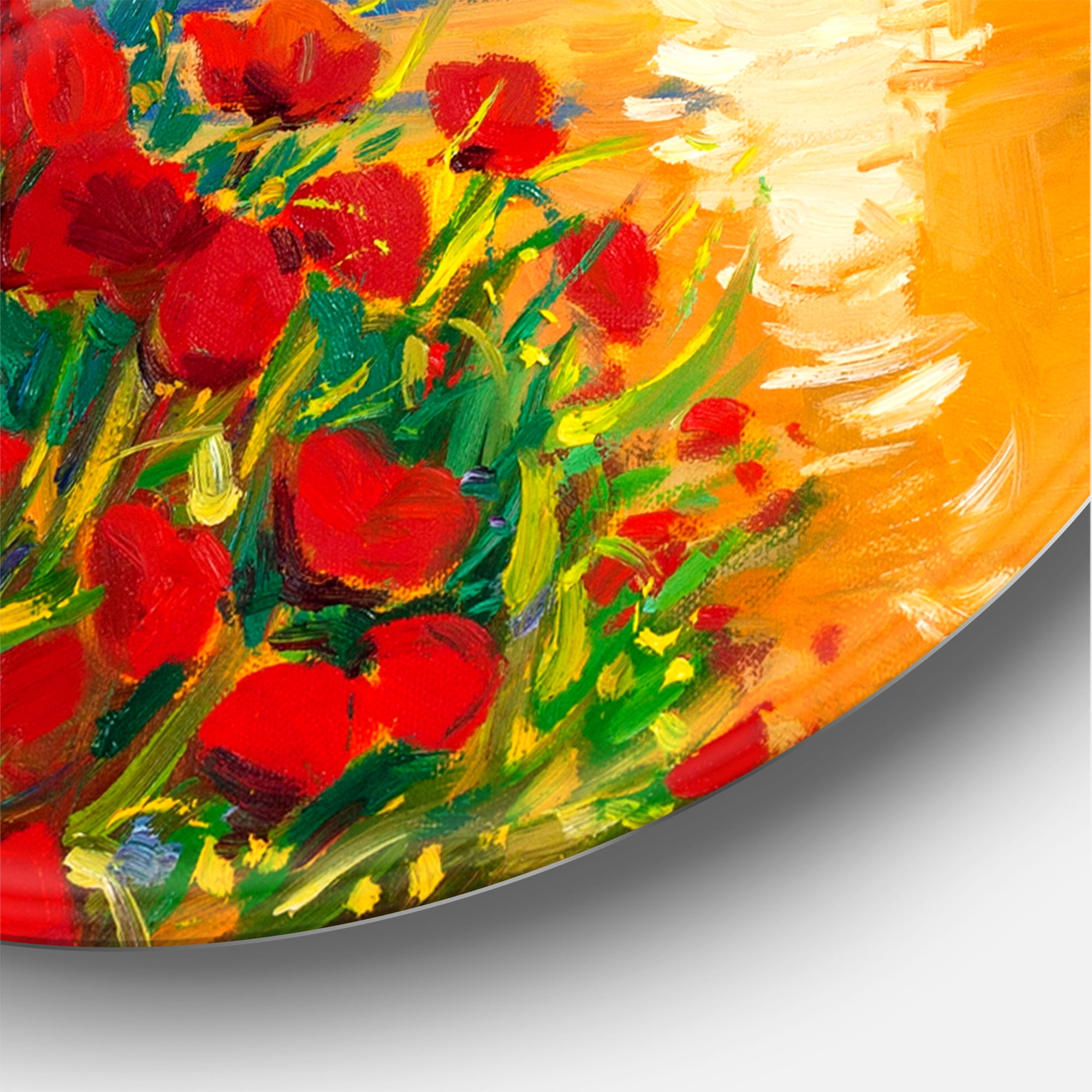 Designart 'Red Poppies By The Ocean During Evening Glow' Nautical & Coastal Circle Metal Wall Art 11x11 - Disc of 11