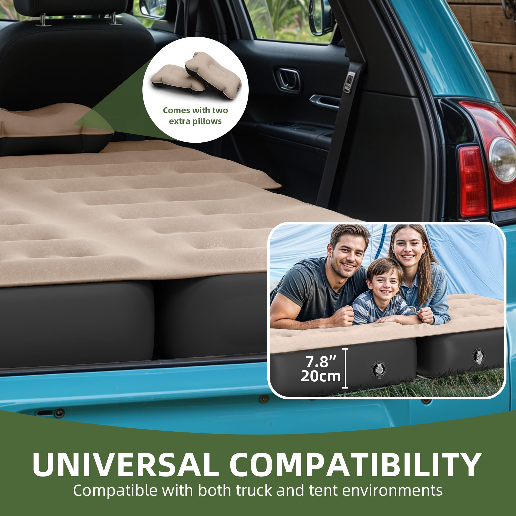 Uforic Inflatable Car Air Mattress with Pump, Portable SUV Air Bed with Pillows for Camping, Home, Travel, Brown