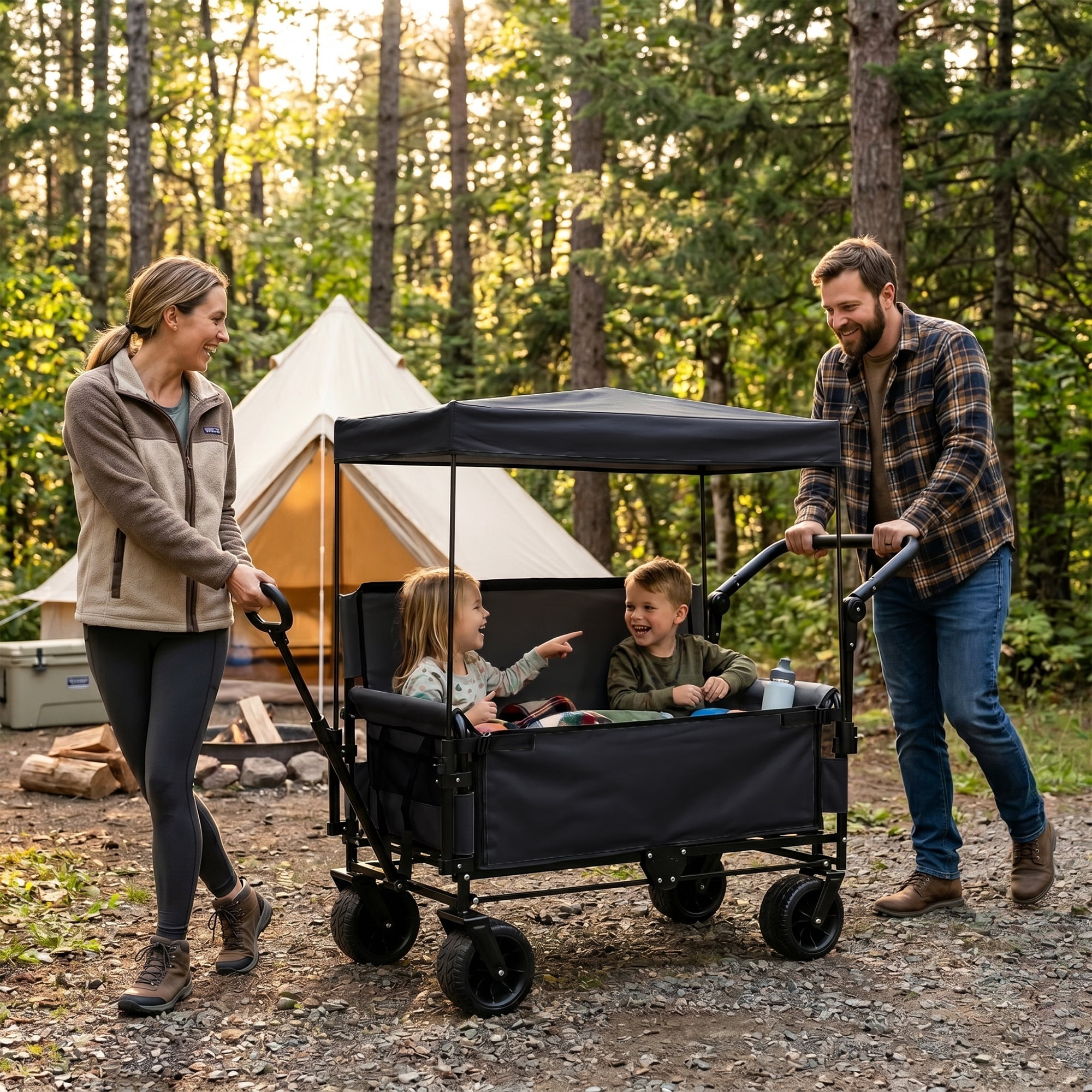 3-in-1 Folding Wagon with Bench Seat & Canopy, 500LBS Heavy-Duty 180L Capacity All-Terrain Cart for Camping Beach Garden Sports