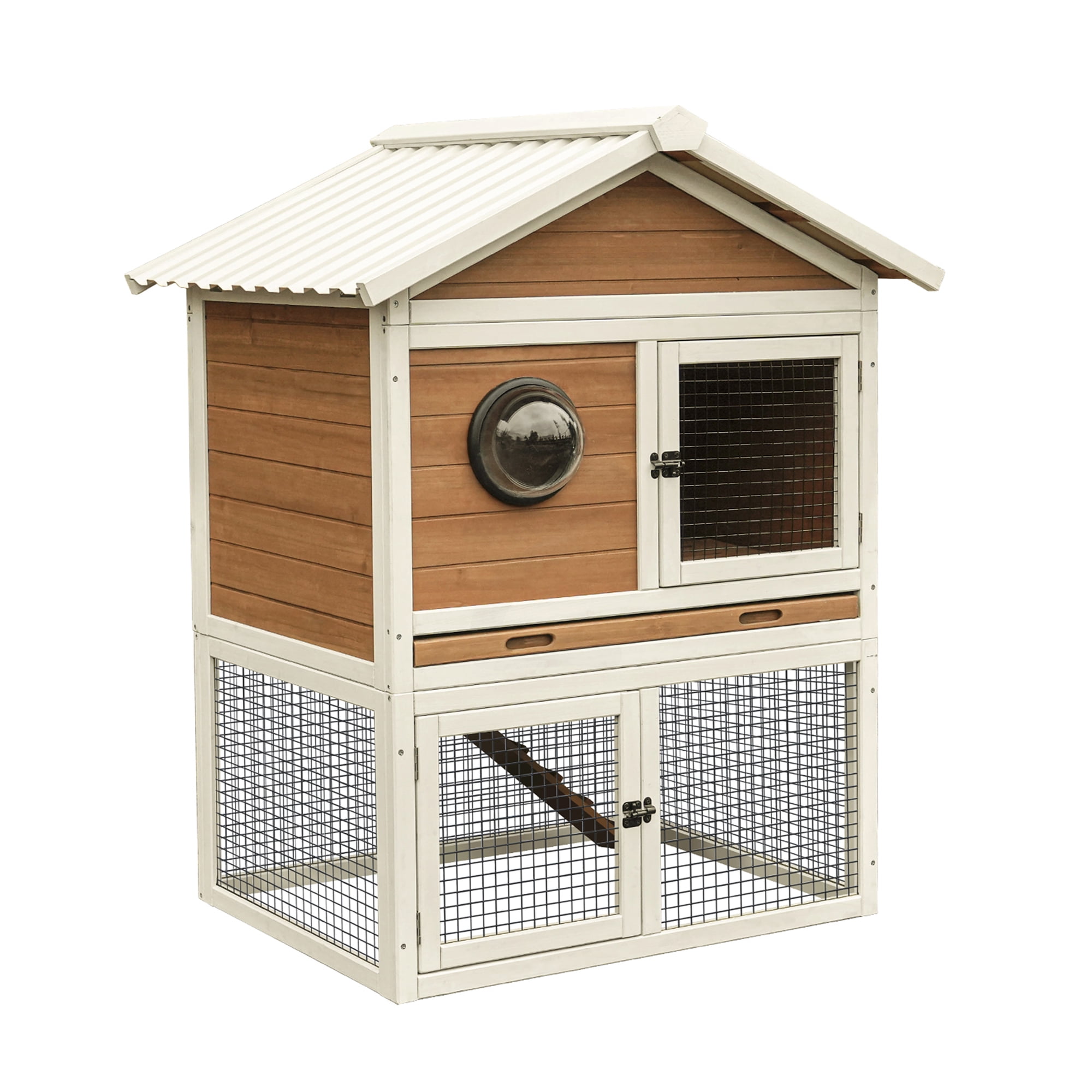 Wooden Rabbit Hutch with Play Yard for Small Pets Indoor Outdoor Home Cage with Ramp and Pull Out Tray White Red Solid Wood Pet House