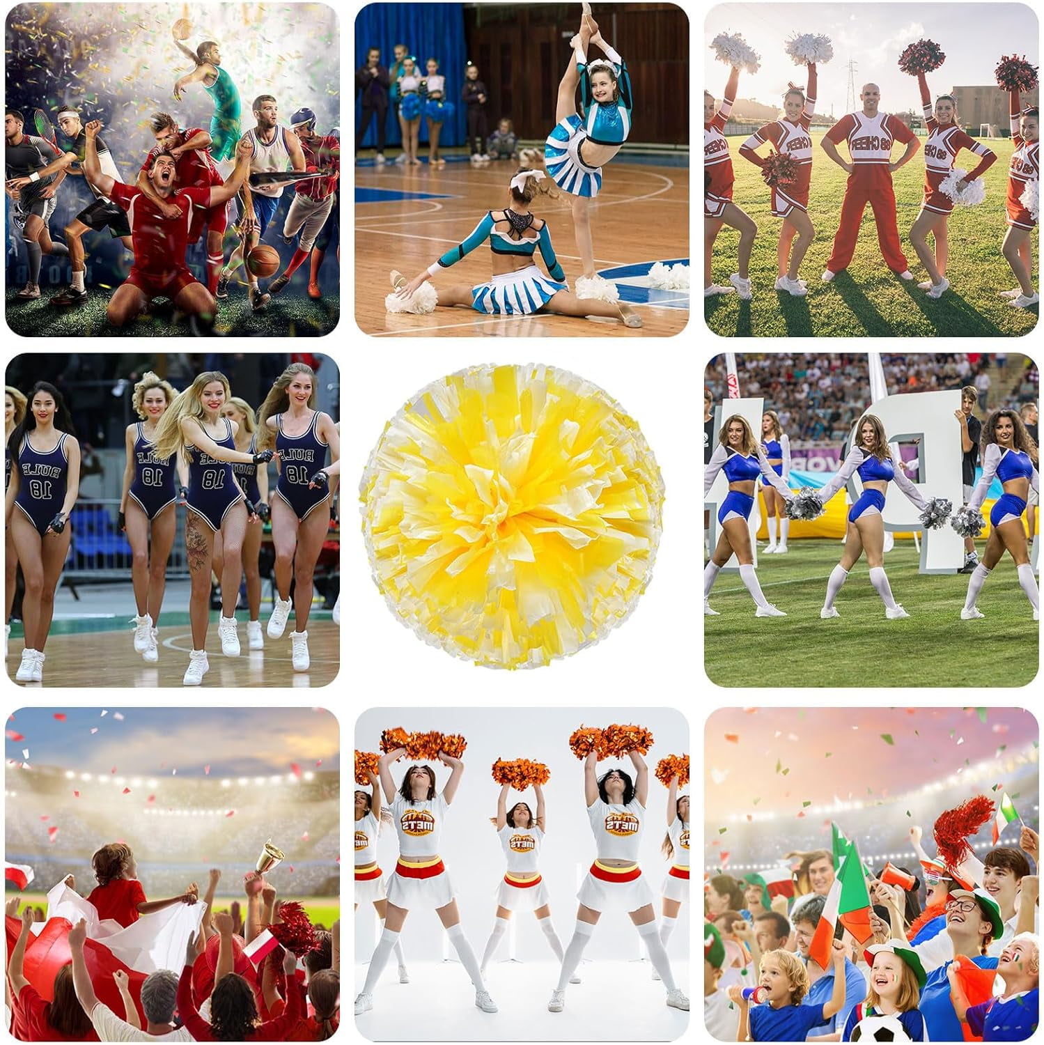 Cheerleader Pom Poms 24 Pack Sports Dance Cheering Plastic Metallic Cheerleading Pom Poms for Kids Adults-Ring Style