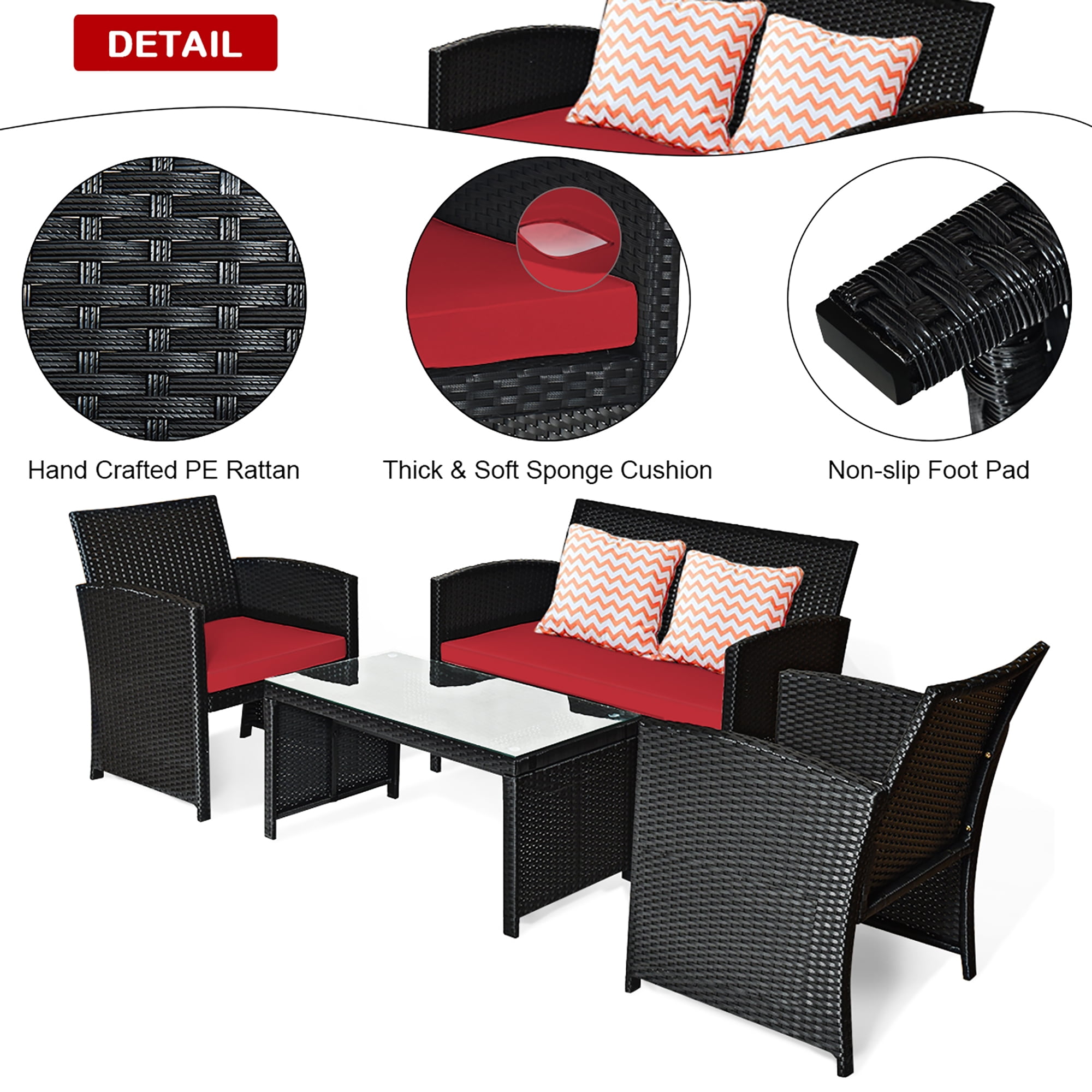 Costway 8PCS Patio Rattan Furniture Conversation Set Cushion Sofa Table Garden Red