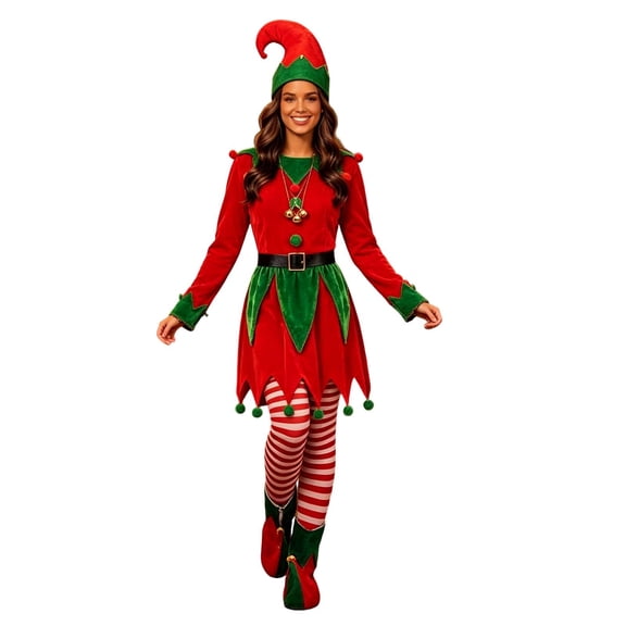 LIIPEE Womens Christmas Elf Costume With Accessories Holiday Party Dress Up Clothes 6 Piece S-XXL