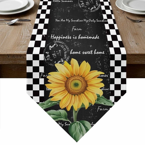 Sunflower Table Runner Linen Burlap Table Runner 60 Inches Long Yellow Floral Black White Plaid Watercolor Dresser Scarves for Kitchen Island Coffee Dining Party Wedding Banquet Holiday Decor 13"x60"