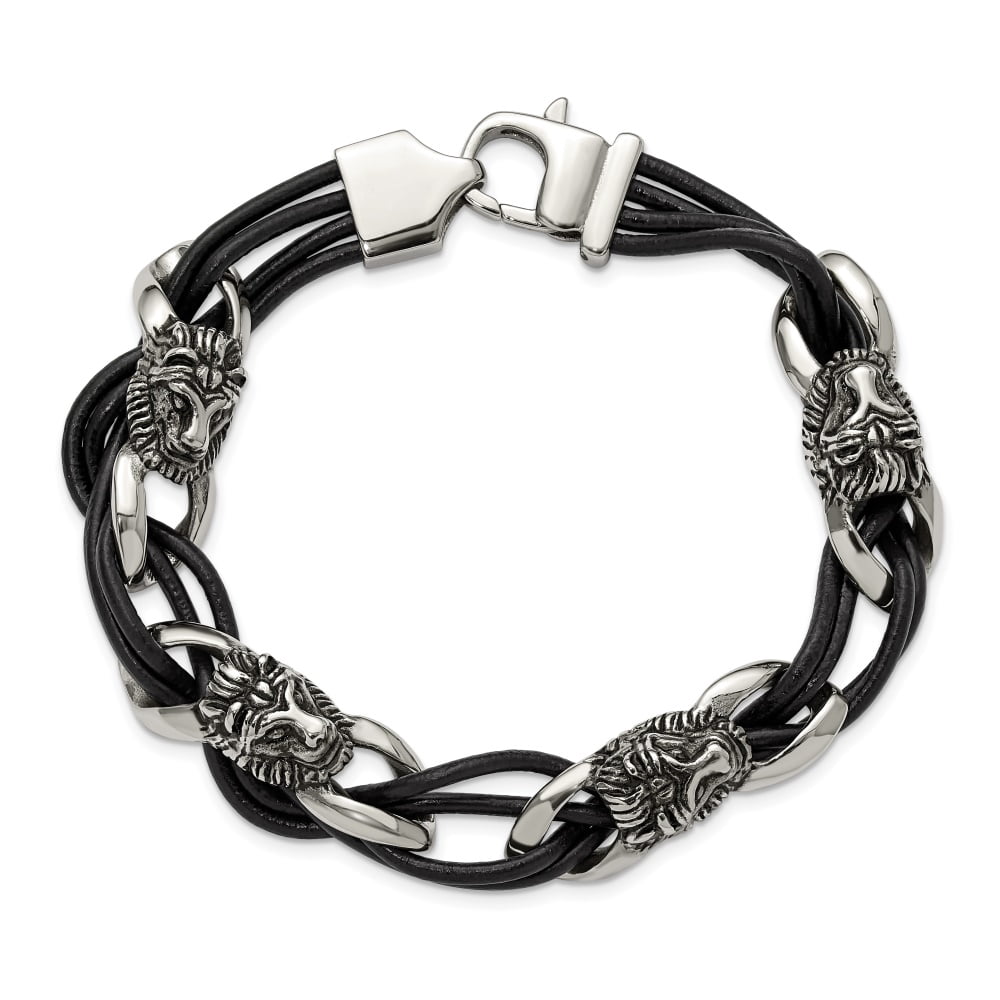 Diamond2Deal Stainless Steel Antiqued and Polished Lion Head Dark Brown Leather Bracelet for Men 8.5"