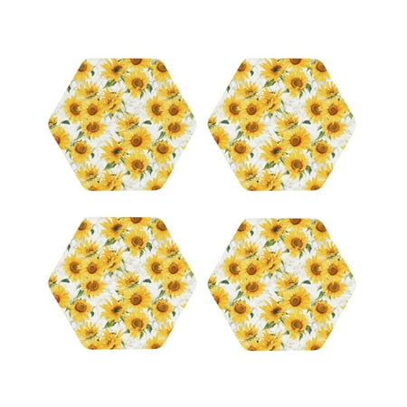 

Fuzoiu Artistic Marble Pattern Sunflower Print Leather Coasters Set Drink Coasters Set of 4 for Tabletop Protection Durable PVC Coasters Home Décor and Housewarming Gift-Hexagon