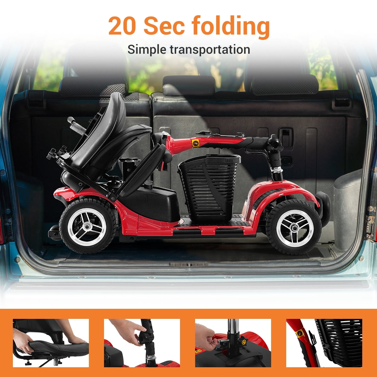 TEKAMON 4 Wheels Mobility Scooter - Portable Folding Power Electric Mobility Scooters for Seniors, Adults, Handicapped, Elderly - Range Extended Battery,Red