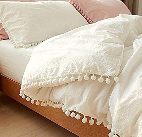 White Pom Pom Duvet Cover Fringed Boho comforters Cotton Cover Twin, 68' Wx 90' L