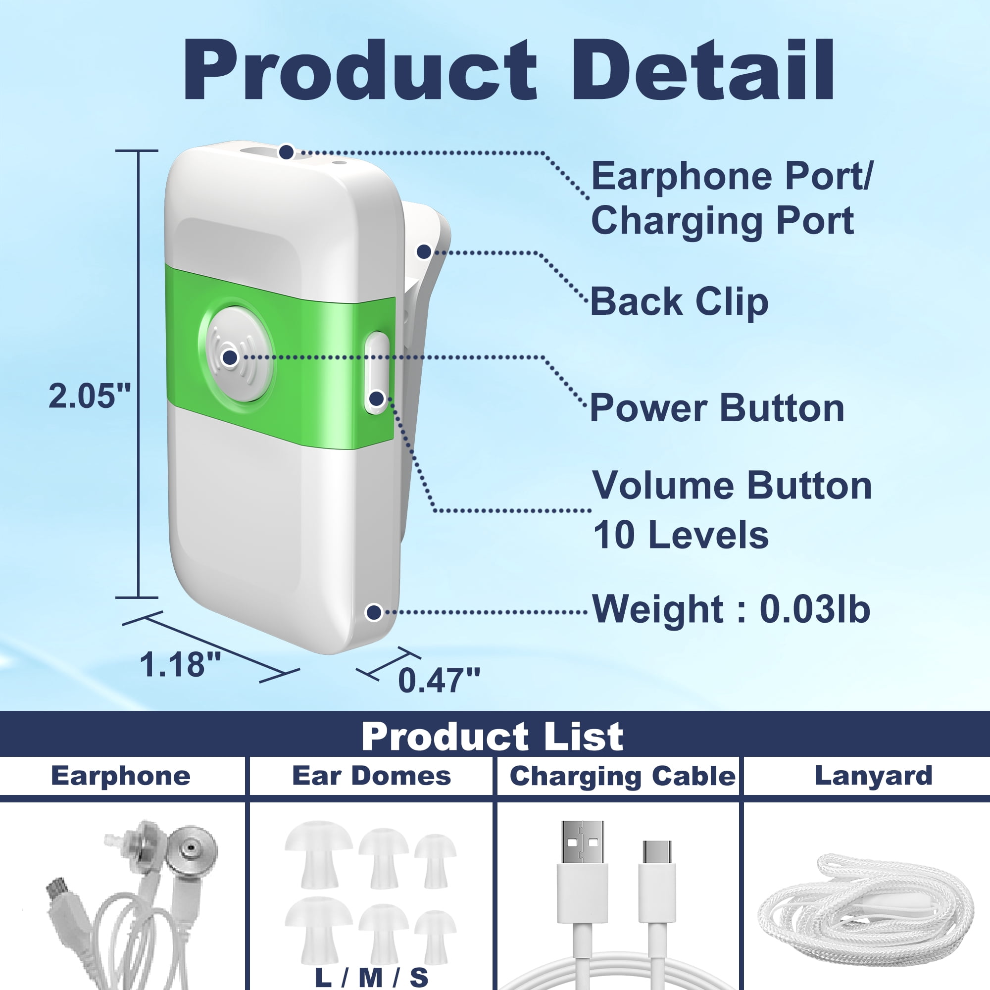 HealthTree Pocket Personal Sound Amplifier, Rechargeable, White