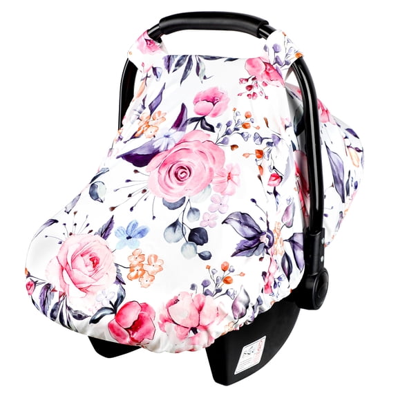 Floral Infant Car Seat Canopy with Peep Windows and Breathable Mesh, Kick-Proof, Soft Stretchy Baby Car Seat Cover for Newborns, Pink