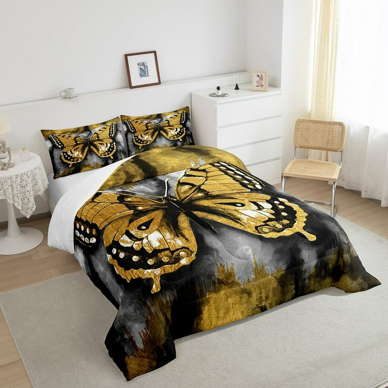 Chic Butterfly Bedding Set King Gold Butterfly Comforter Set Golden Grey Ombre Duvet Insert Abstract Artwork Quilt Sets Gray Black Gradient Watercolor Bedding Comforters Sets Breathable Room Decor Wal...