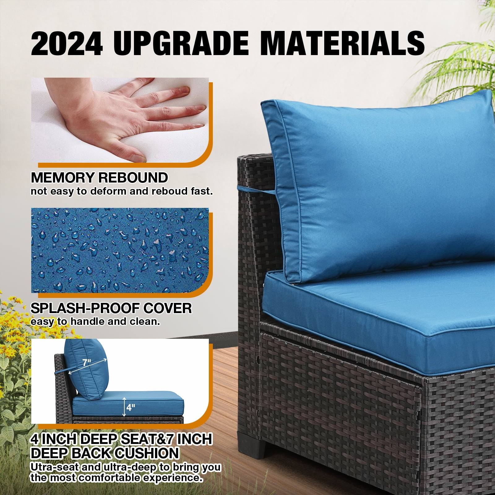JOYURE 7 Pieces Patio Furniture set All-Weather Outdoor Wicker Sectional Conversation Sofa Rattan patio seating sofa with cushion and Glass Table and Ottoman for Porch Poolside,Peacock