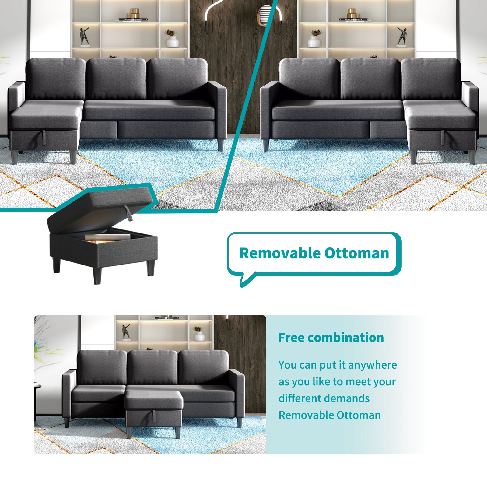 ZAFLY 2 Piece Sectional Sofa Sets, Living Room Furniture Set, Couch and Loveseat Sets - Dark Gray