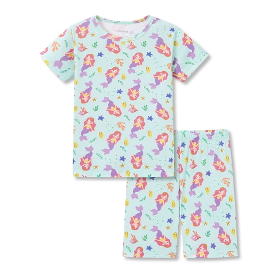Beezizac Girls' Short Sleeve Pajama Set Cotton Slim Fit All-Over Cute Mermaids Print Soft Kids Sleepwear Size 8