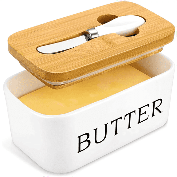 Butter Dish with Lid, Ceramic Butter Dish with lid and Stainless Steel Butter Knife Spreader, Butter Keeper Double Silicone Seals, Easy Clean, Perfect for 2 Sticks of Butter, White
