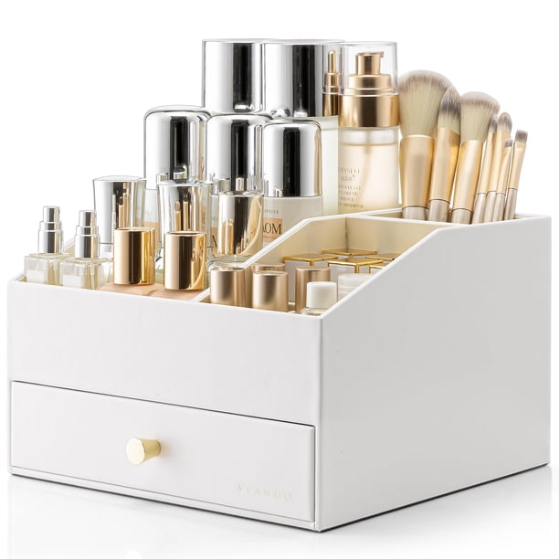 Organizador de maquillaje Vlando Vanity con cajones de piel sintética, color blanco