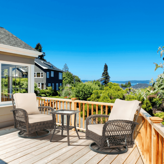 3-Piece Outdoor Swivel Rocker Set with Side Table & Weather-Resistant Cushions, Outdoor Patio Furniture Set with PE Wicker Glider Chairs for Porch, Deck, Backyard (Brown Gradient)