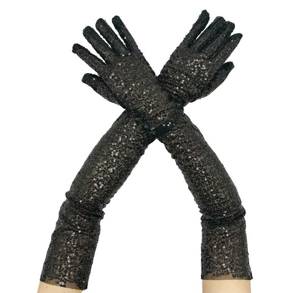 BWASD Womens Sparkly Gloves Long Gloves Elbow Length Sequins Elastic Glitter Bling Performance Gloves Fashion Dress Up Rave Party Black