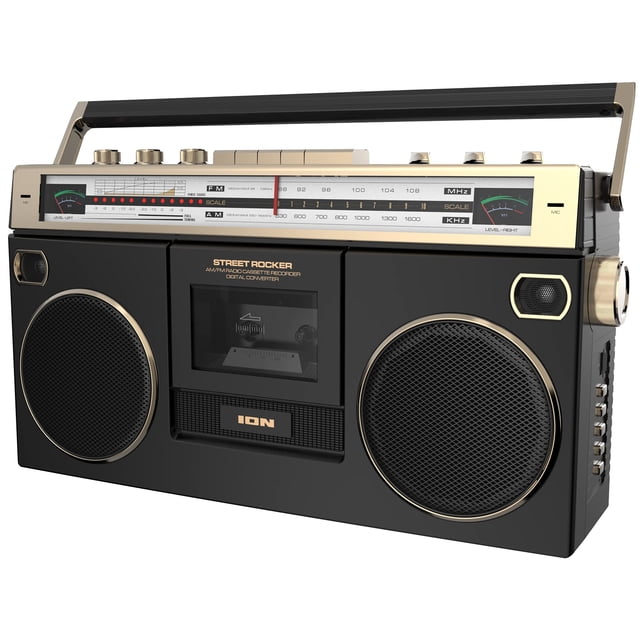 Ion Audio 1980S-Style portátil Bluetooth Boombox AM/FM Radio Cassette Player Grabador, Medidores VU, Grabación USB, Altavoces duales de graves altos de rango completo (Edición Dorada)