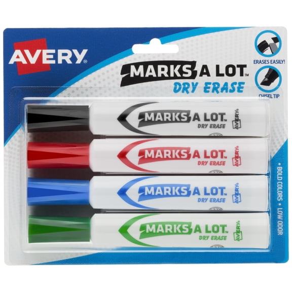 Avery Marks A Lot Dry Erase Markers, Desk-Style, Assorted Colors, 4 Markers