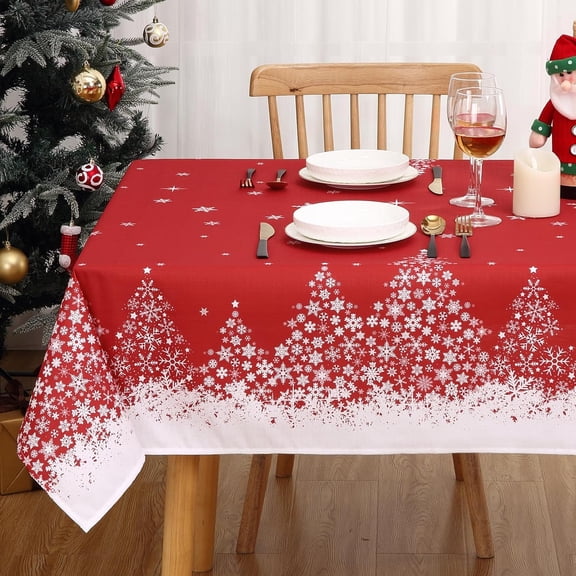 ROYGROW Square Christmas Tablecloth 52x52 with Tree Decorations, Red Snowflake Xmas Table Cloth, Washable Indoor Decorative Table Cover for Festive Party Picnic Dinner Decor