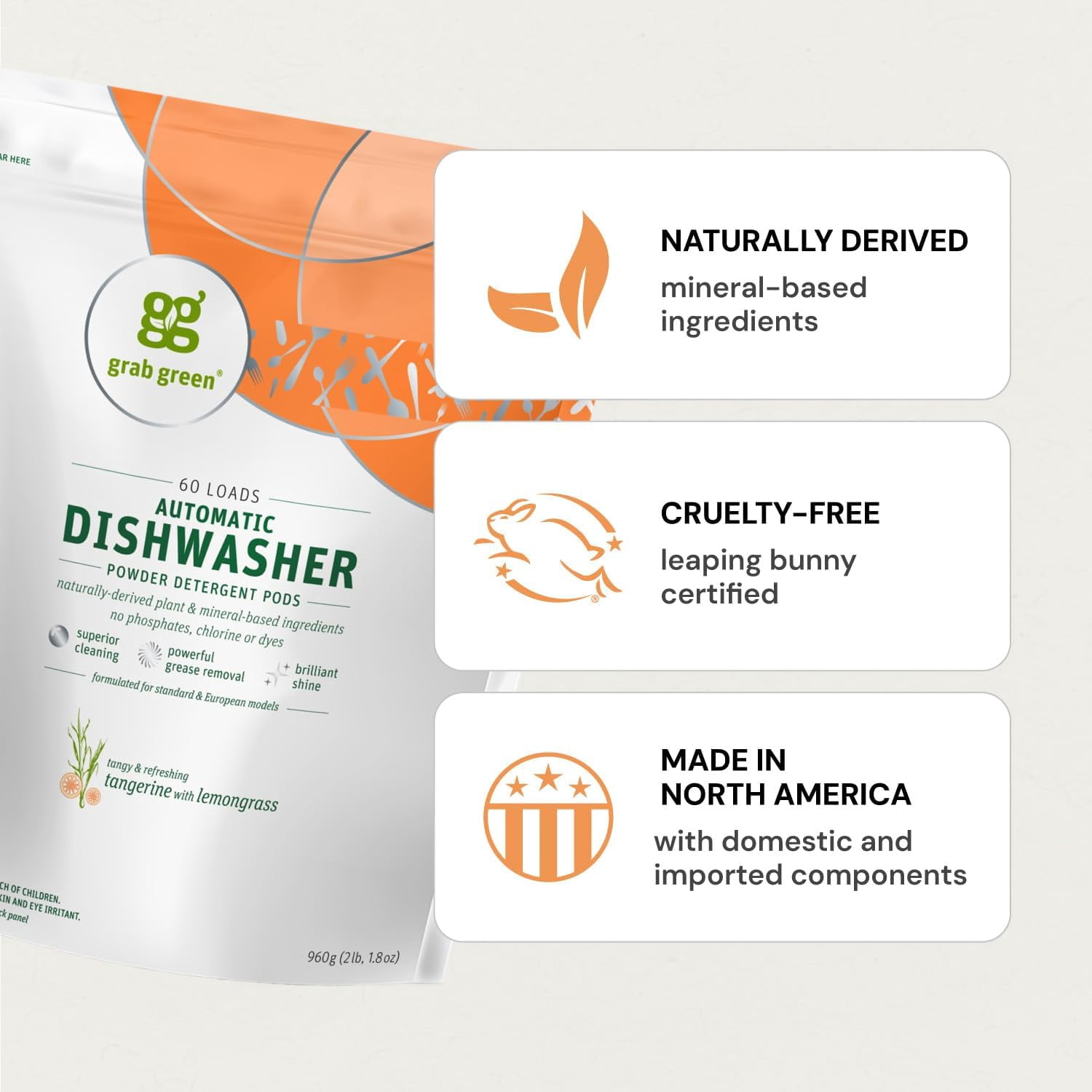 Automatic Dishwashing Detergent Pods, 60 Count, Tangerine Lemongrass Scent, Plant and Mineral Based, Superior Cleaning, Powerful Grease Removal, Brilliant Shine