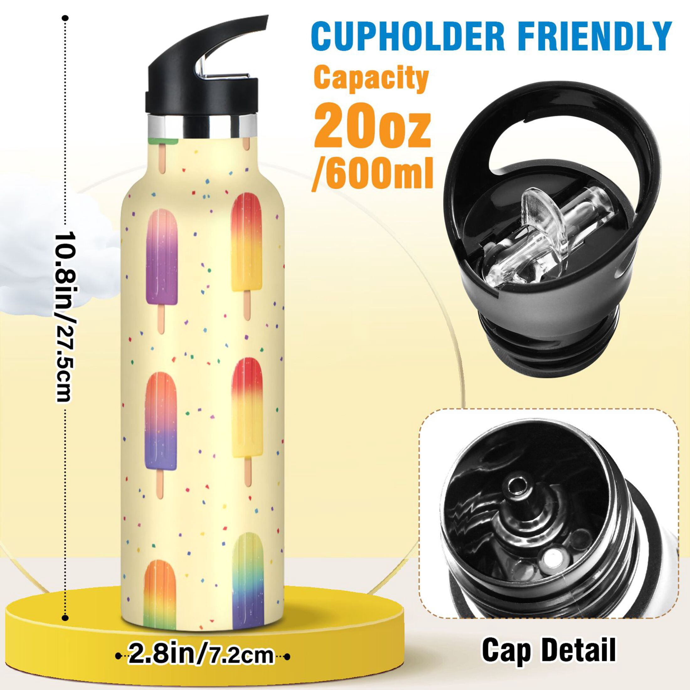 Kids Insulated Stainless Steel Sports Water Bottle 600ml Colorful Popsicles Pattern