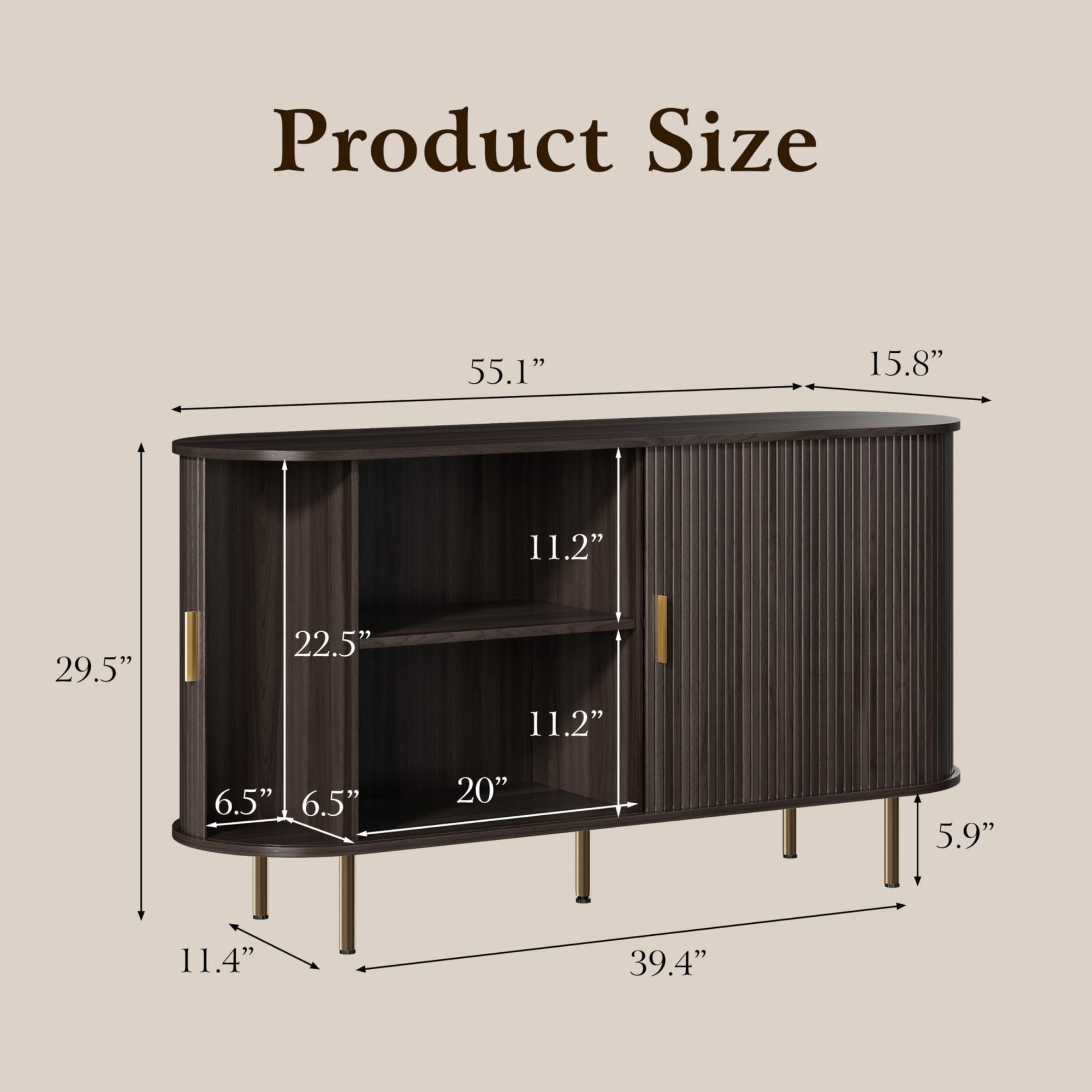Mid Century Modern Sideboard Buffet Cabinet, 55 Inch Fluted Coffee Bar Console with Tambour Sliding Doors, Black