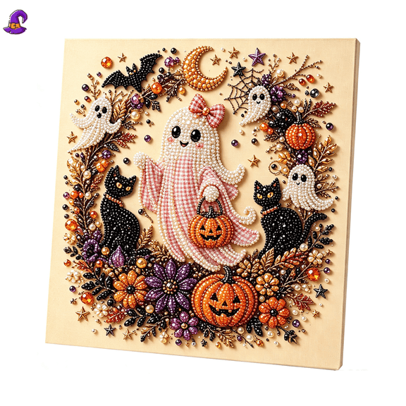 Halloween Ghost Pearl Art DIY Kit,Diamond Painting, Retro Spooky Cute Ghost Pearl Drill Art, Framed Canvas Seasonal Home Decor Craft Kit,Halloween Decor & Summerween Decor-B