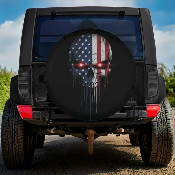 Lotusprinthandmade America Flag Skull Spare Tire Cover Without Backup Camera Hole 6 Sizes (27 in.), america flag tire cover, skull tire cover