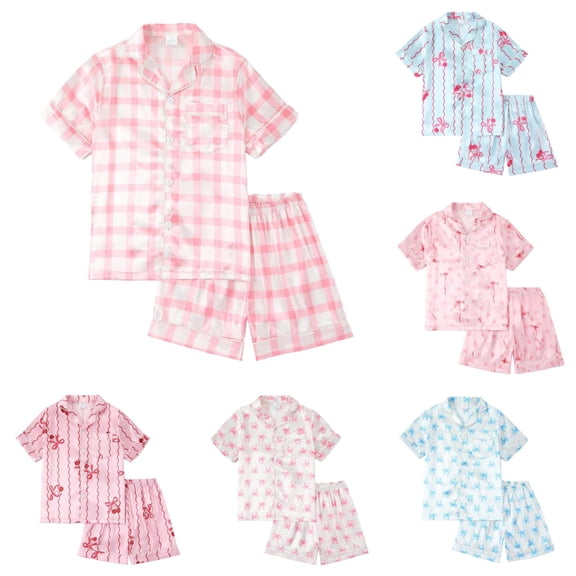 WAYUTE Pajamas for Girls Satin Silk Short Sleeve Cute Print Buttons Shirts and Shorts for Toddler Girl Outfit Soft Pjs Set Loungewear Casual Indoor,Pink2,Size 13 Y-14 Y