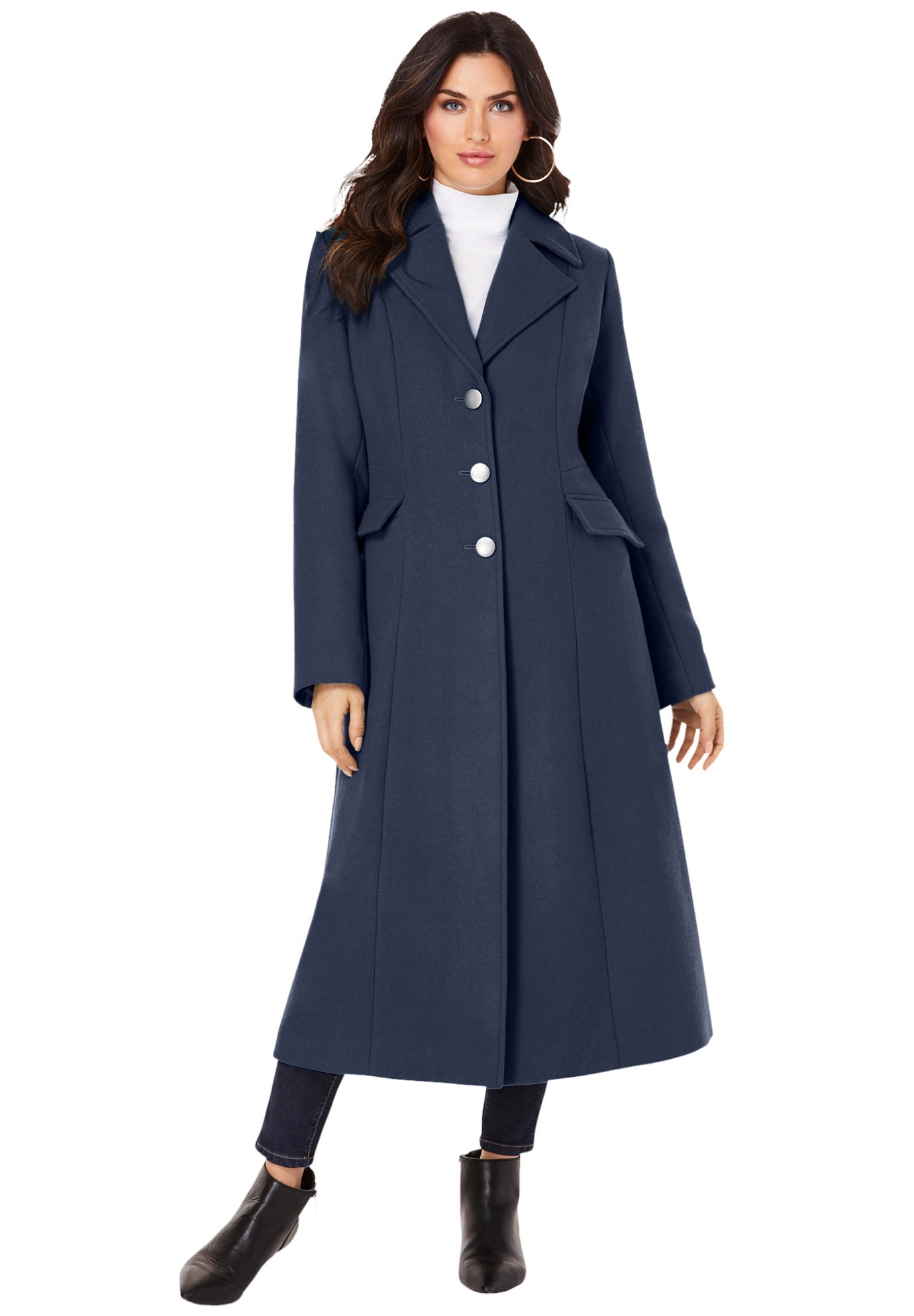 Womens Classic Black Overcoat Double-breasted Maxi Long Slim Fit Woolen Coats Sz 