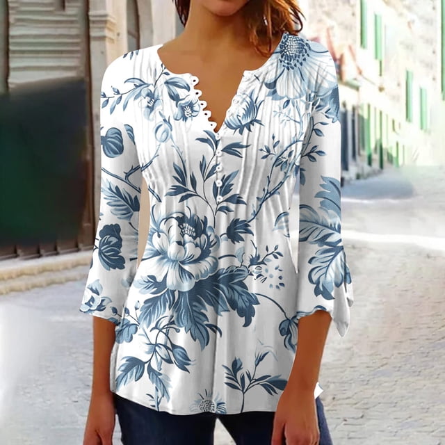 Fiudx Ofertas de La Semana Camiseta Estampada a La Moda para Mujer, Blusa con Mangas 3/4, Camisetas Informales con Cuello En V