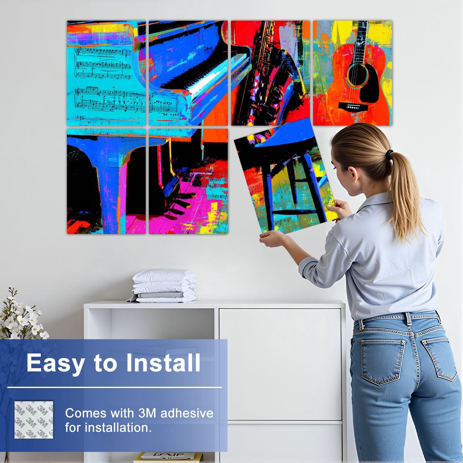 8 Pack Art Acoustic Panels Sound Absorbing Guitar Piano Saxophone Musical Instruments Grand Piano Sheet Music Decorative Soundproof Wall Panels Self Adhesive for Nursery Game Room Bedroom 48"x32"