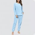 thumbnail image 4 of BLTIBY Fleece Pajama Sets for Women 2 Piece Crew Neck Fuzzy Long Sleeve Pants Loose Casual Sleepwear Outfits with Pockets Blue XXL, 4 of 6