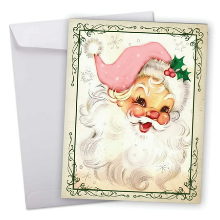 J6695CXSG Extra Large Merry Christmas Greeting Card: 'Pink Kringle' Featuring a Retro Vintage Style Portrait of Santa with Pink Accessories Greeting Card with Envelope by The Best Card